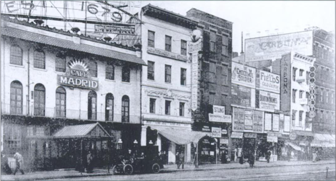 Cafe Madrid and the new Globe Theatre vertical sign, Broadway streetscape, c1910
