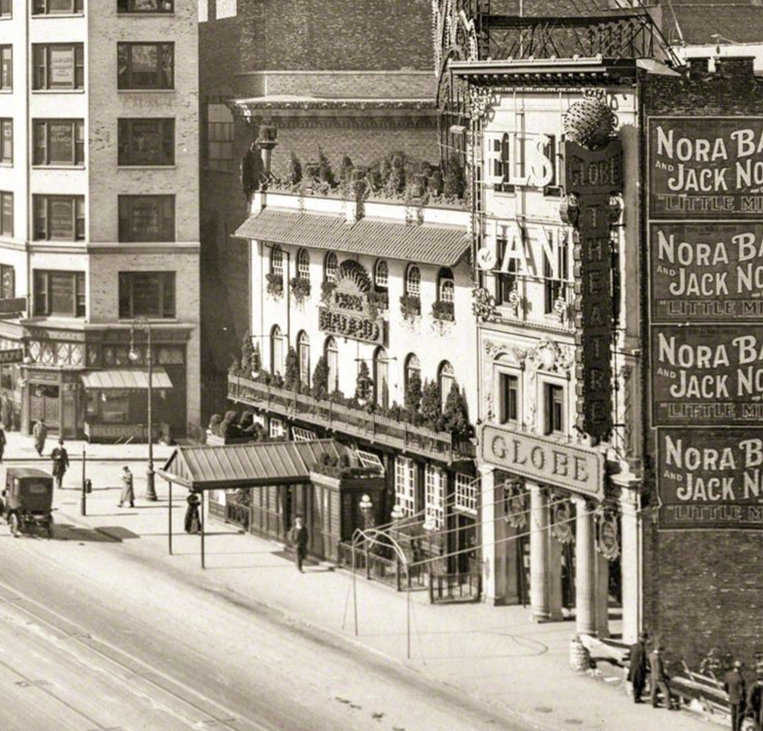 Globe Theatre entrance detail, c1911, with Nora Bayes and Jack Norworth show bill
