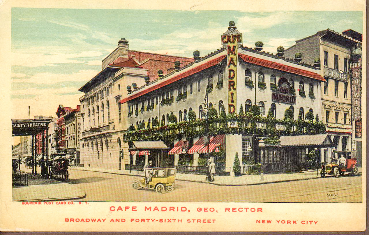 Cafe Madrid postcard, Broadway and 46th Street, hand-colored, c1911
