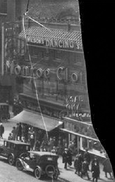 This sliver of a remaining photo shows the hot corner building circa 1923 -- featuring Leggett's Drug store (ground floor), Monroe Clothing (second floor), and Wilson's Dancing Studio (third floor) where Henry Miller met his future wife.