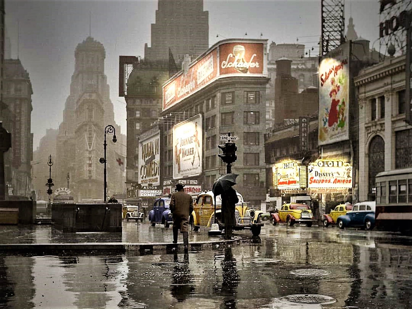 Rainy day at the Globe Theatre, 1943, colorized, John Vachon
