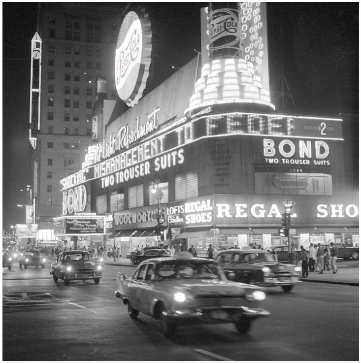 Times Square with Pepsi sign and traffic, circa 1953