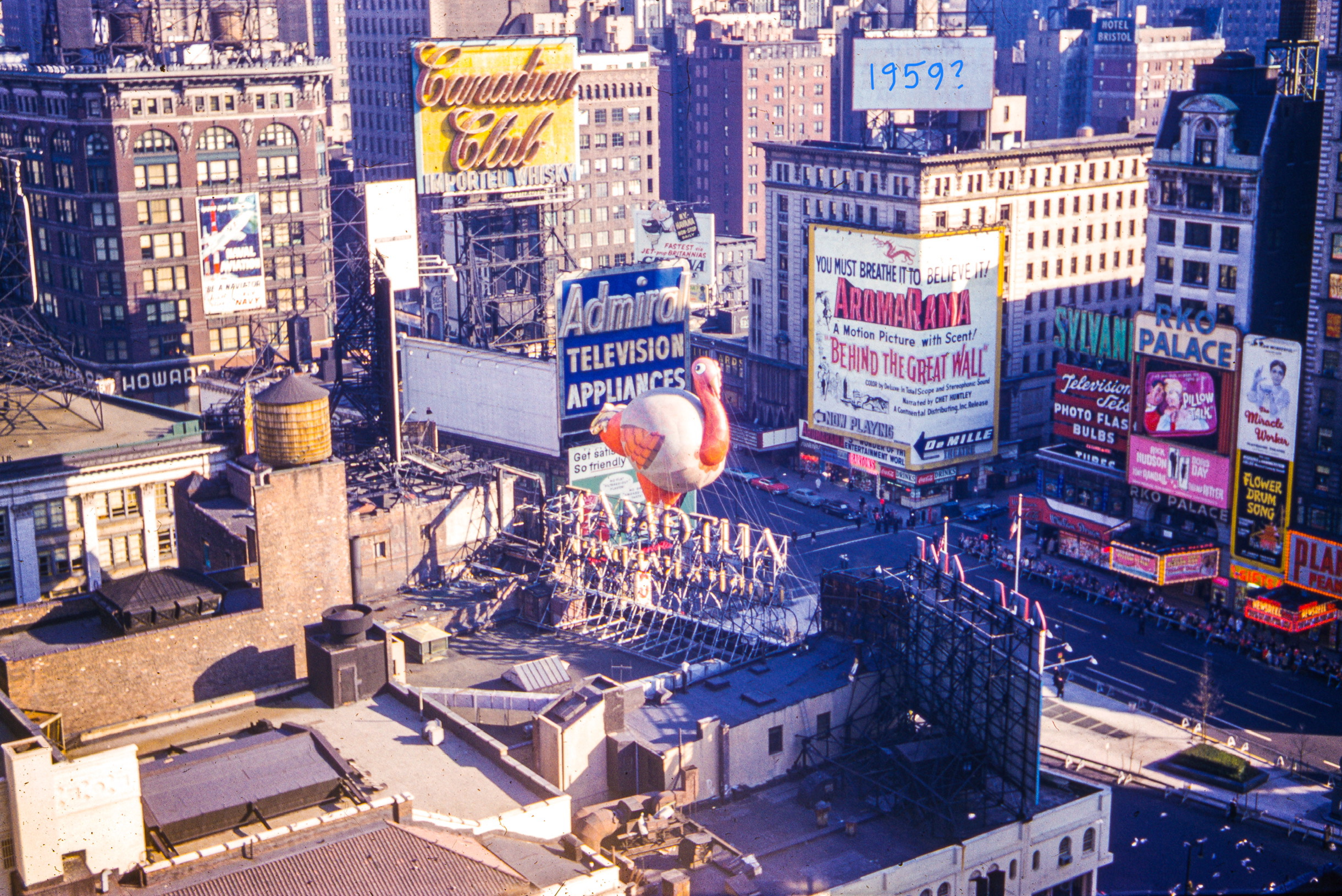 Aerial view above the Globe Theatre corner, Thanksgiving Day Parade turkey balloon