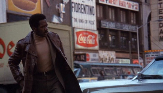 Shaft walking through Times Square, 1971