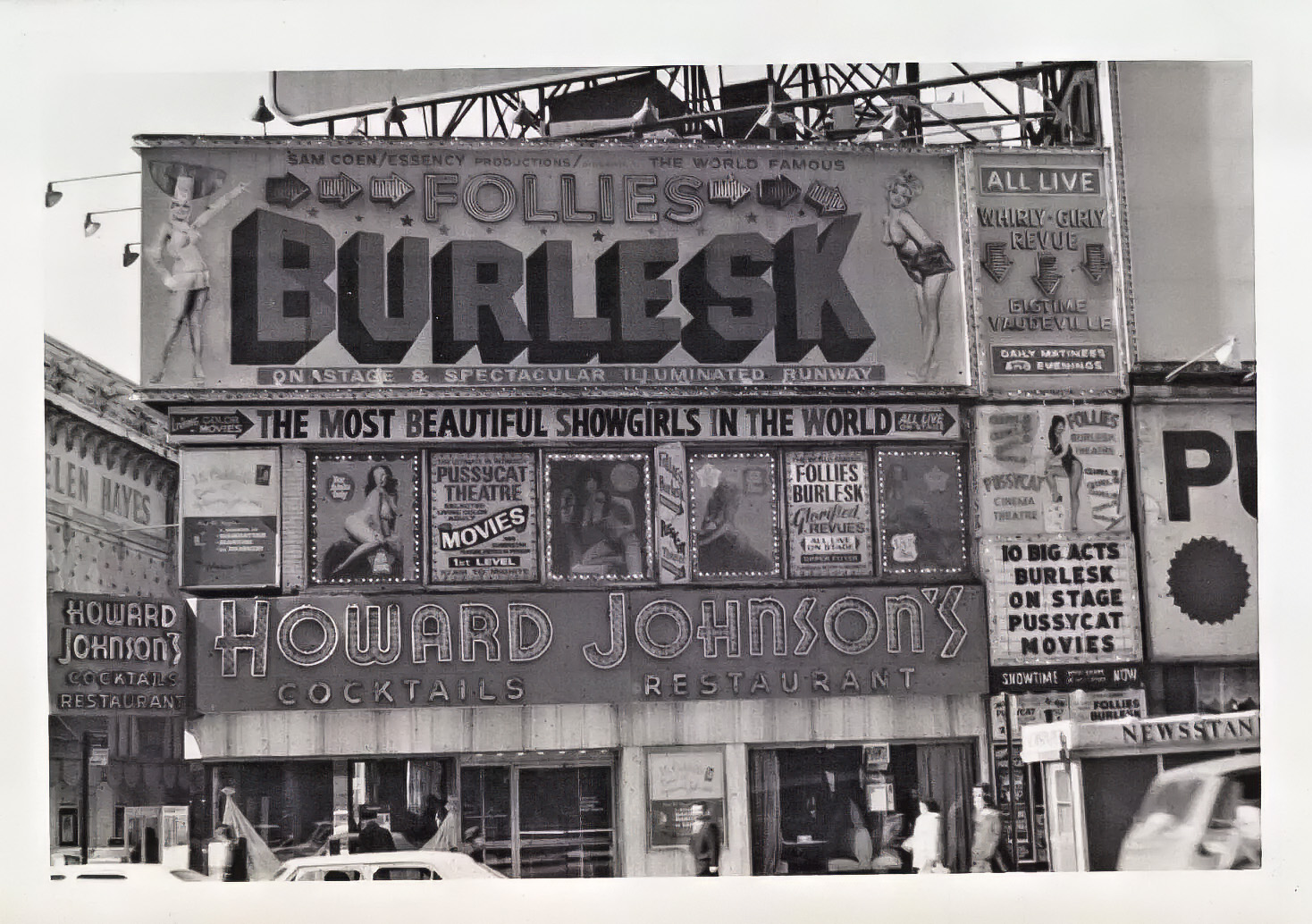Follies Burlesk marquee, HoJo Cocktails Restaurant below, 1551 Broadway, c1972