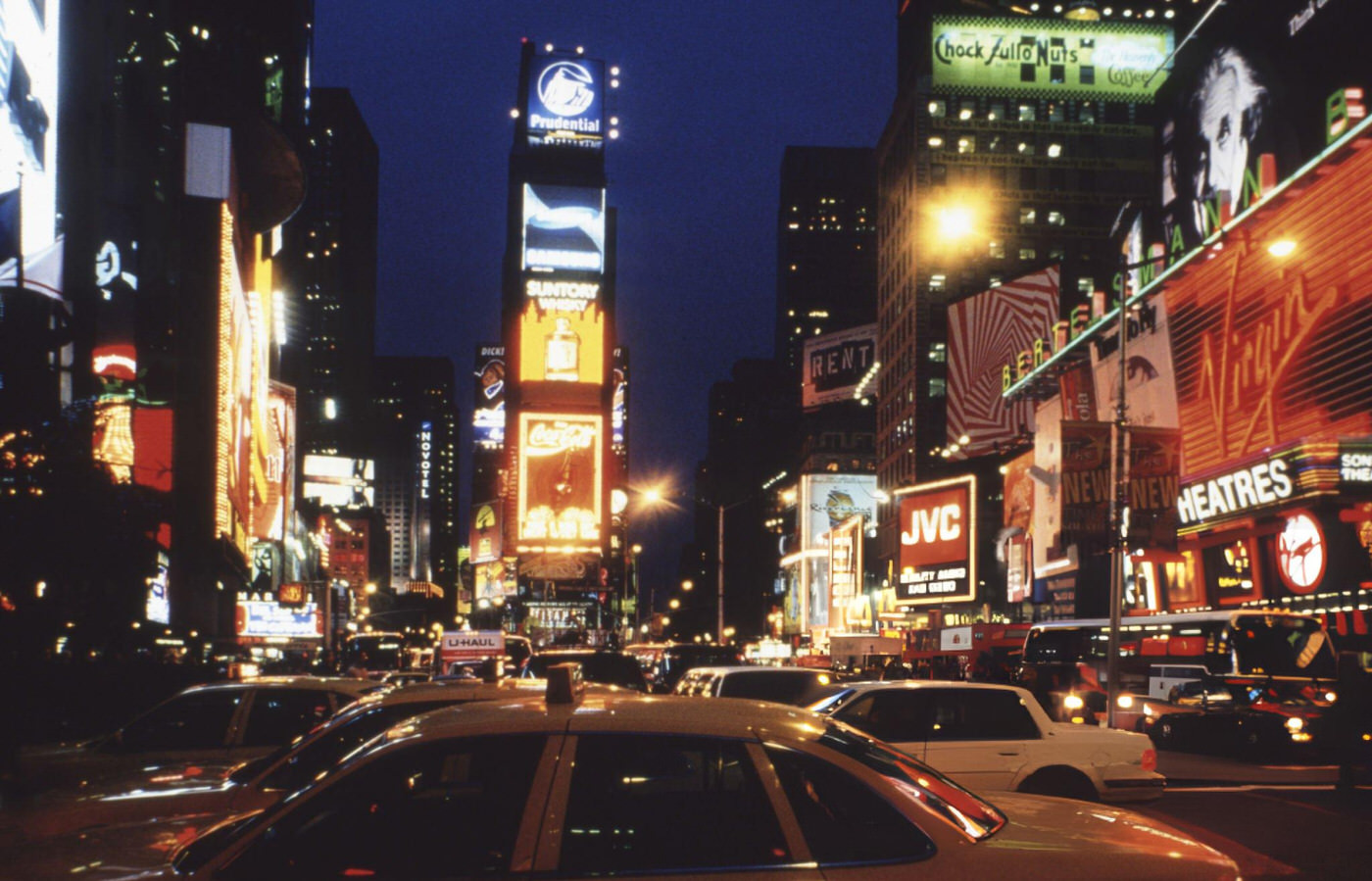 Times Square at night, 1998 — the year Deep Impact destroyed it on screen